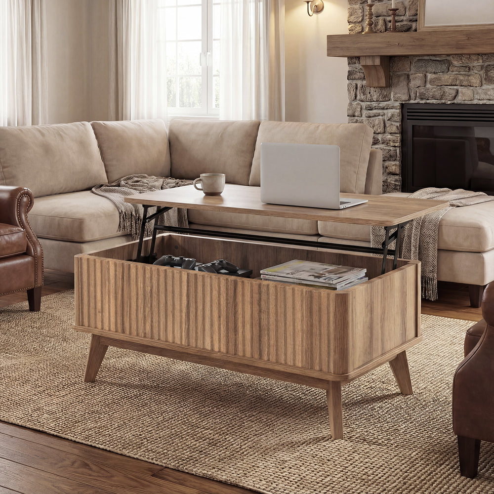 Rectangle wooden fluted lift-top coffee table in walnut with spacious storage, perfect for living room or workspace.
