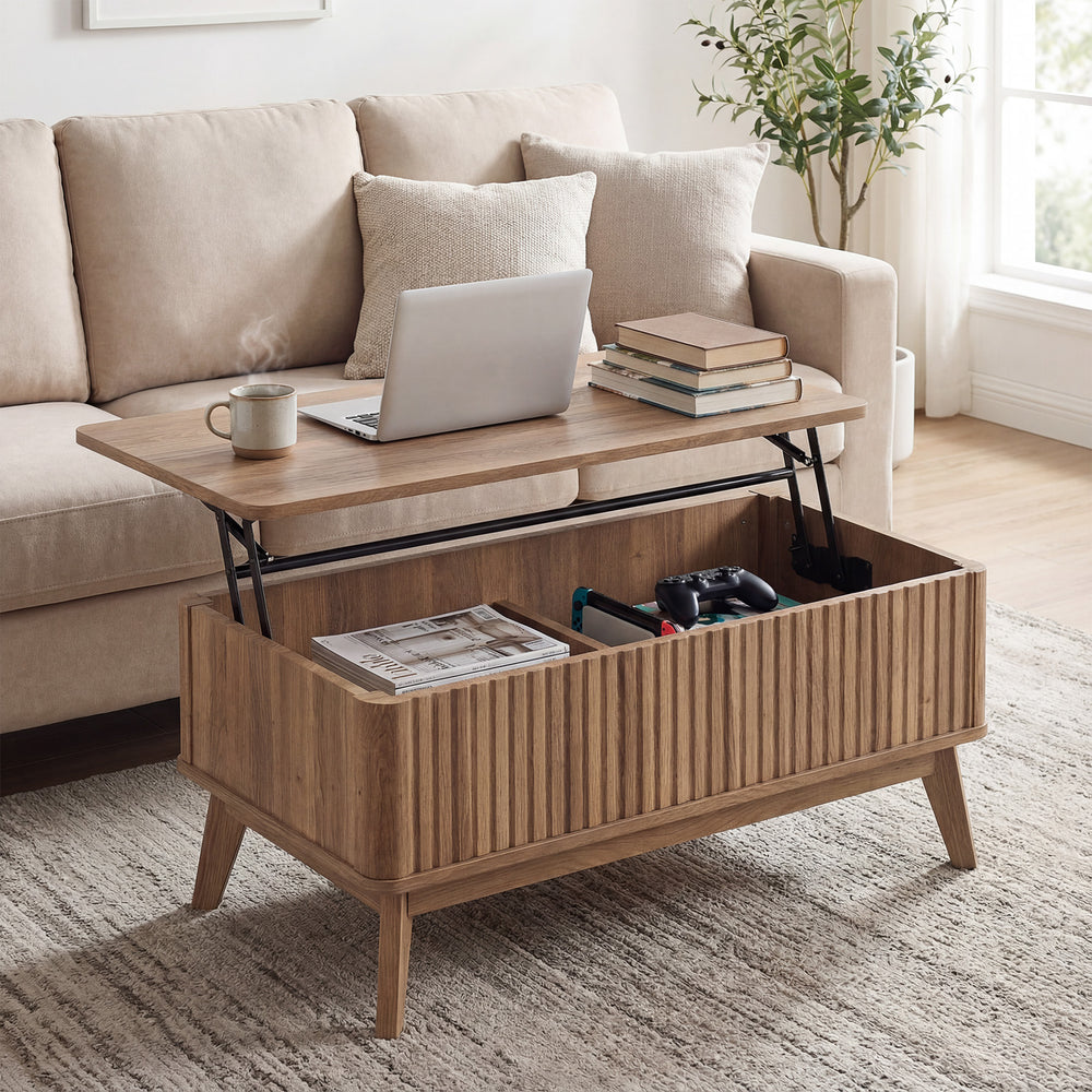 Lift-top walnut coffee table with fluted design, spacious storage, and rubber wood legs for versatile use in living.