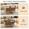 Lift-top walnut coffee table with fluted design, spacious storage, and dual function as a work table for versatile use.