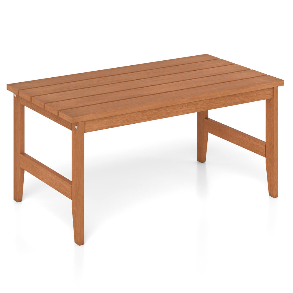 Rectangular slatted outdoor coffee table in teak finish, featuring a sturdy hardwood frame for versatile indoor and outdoor use.