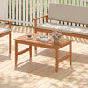 Solid wood outdoor coffee table with a rectangular slatted top and teak finish, perfect for gardens or patios.