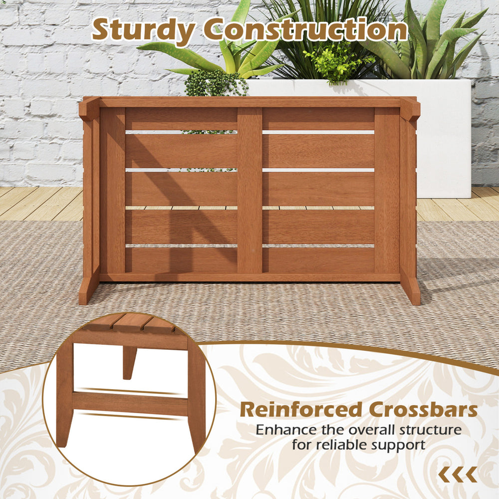 Solid wood outdoor coffee table with slatted top, teak finish, and sturdy crossbars for reliable support in any space.