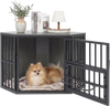 Wooden dog kennel end table with a warm oak finish, featuring a large door and adjustable dog bowl rack for small dogs.