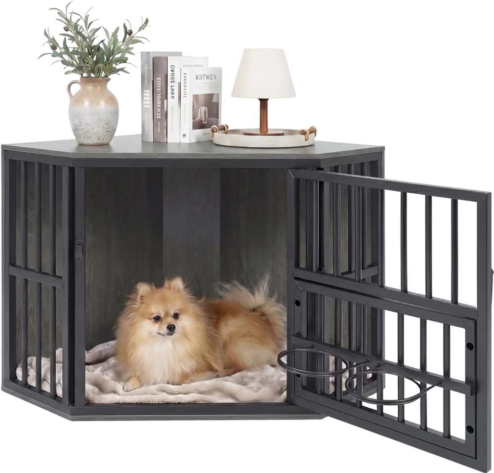 Wooden dog kennel end table with a warm oak finish, featuring a large door and adjustable dog bowl rack for small dogs.