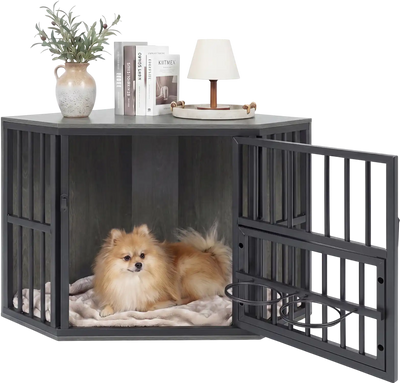 Costway Wooden Dog Kennel End Table w/ 3-Position Dog Bowl Rack 35.5