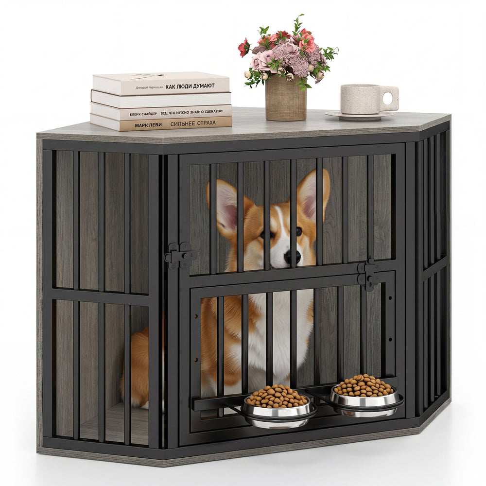 Wooden dog kennel end table with a large door, adjustable dog bowl rack, and rustic oak finish for small dogs.