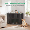 Wooden dog kennel end table in oak finish with adjustable bowl rack, perfect for small dogs and corner placement.