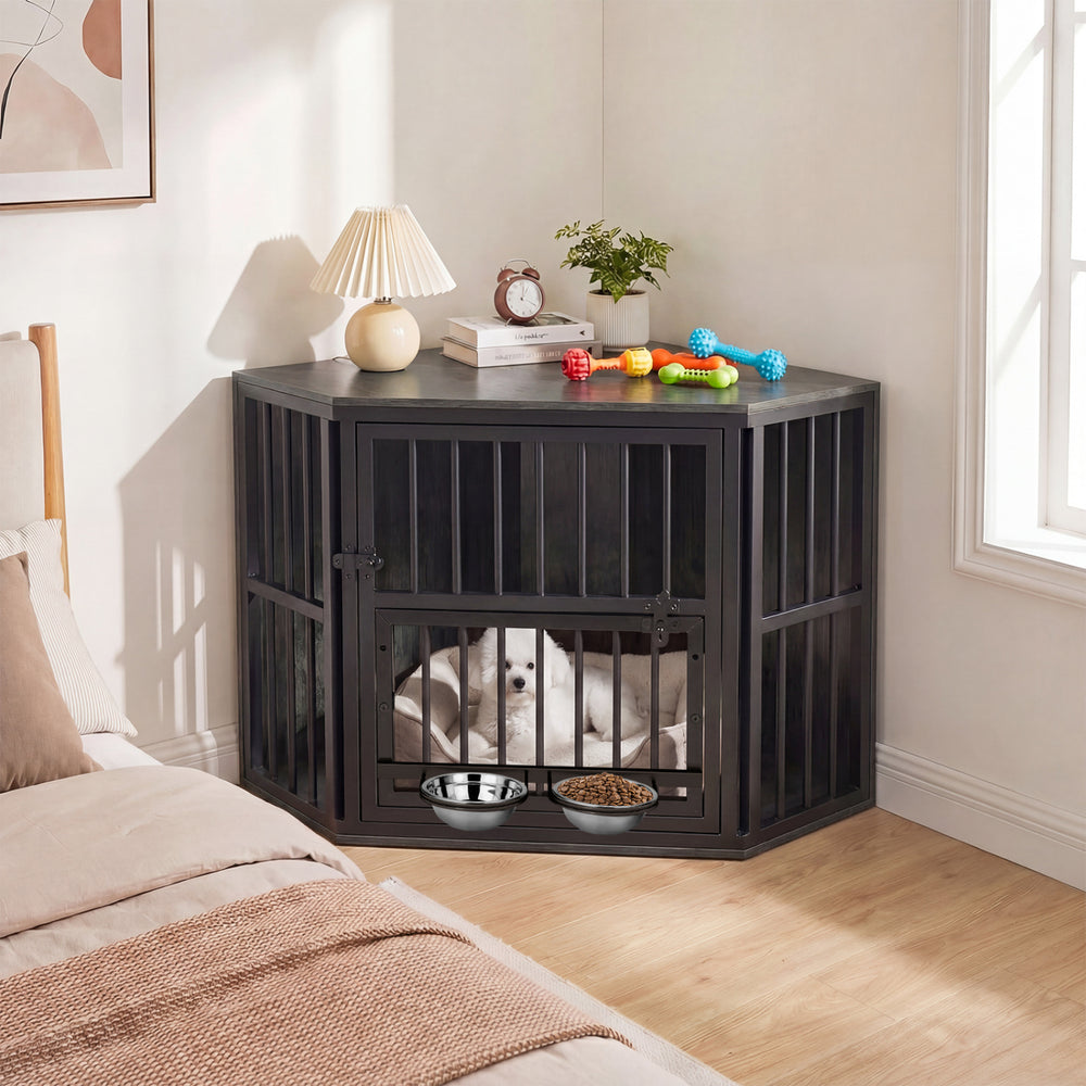 35.5 inches Wooden Dog Kennel End Table with 3-Position Dog Bowl Rack-Oak - Gallery View 1 of 11