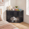 Wooden dog kennel end table with a rustic oak finish, featuring a large door and adjustable dog bowl rack for small.