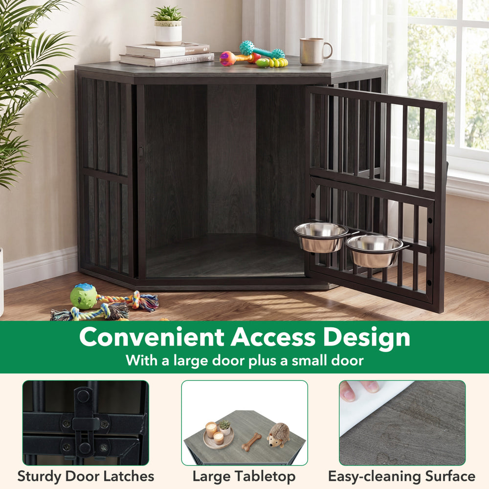 Wooden dog kennel end table with large tabletop, convenient access doors, and sturdy latches for small dogs up to 110.