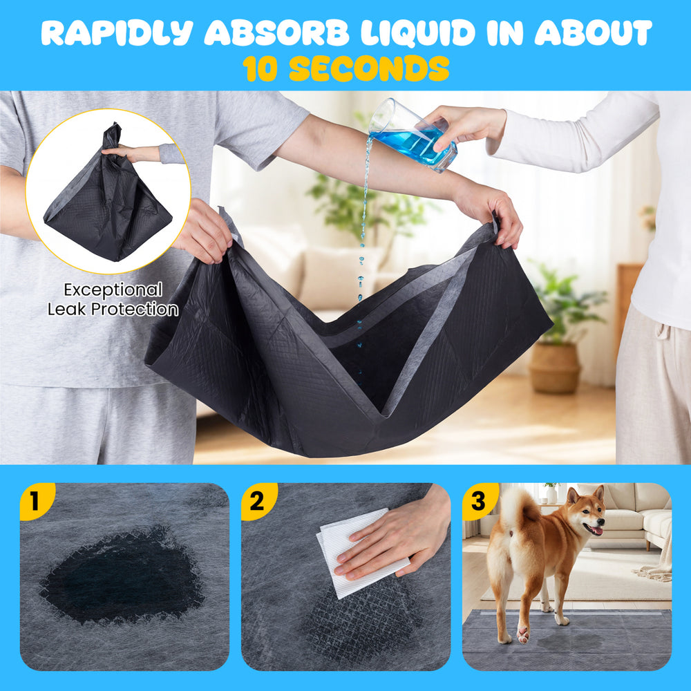 Charcoal dog pee pad demonstrating rapid liquid absorption, featuring a 6-layer design for effective leak protection.