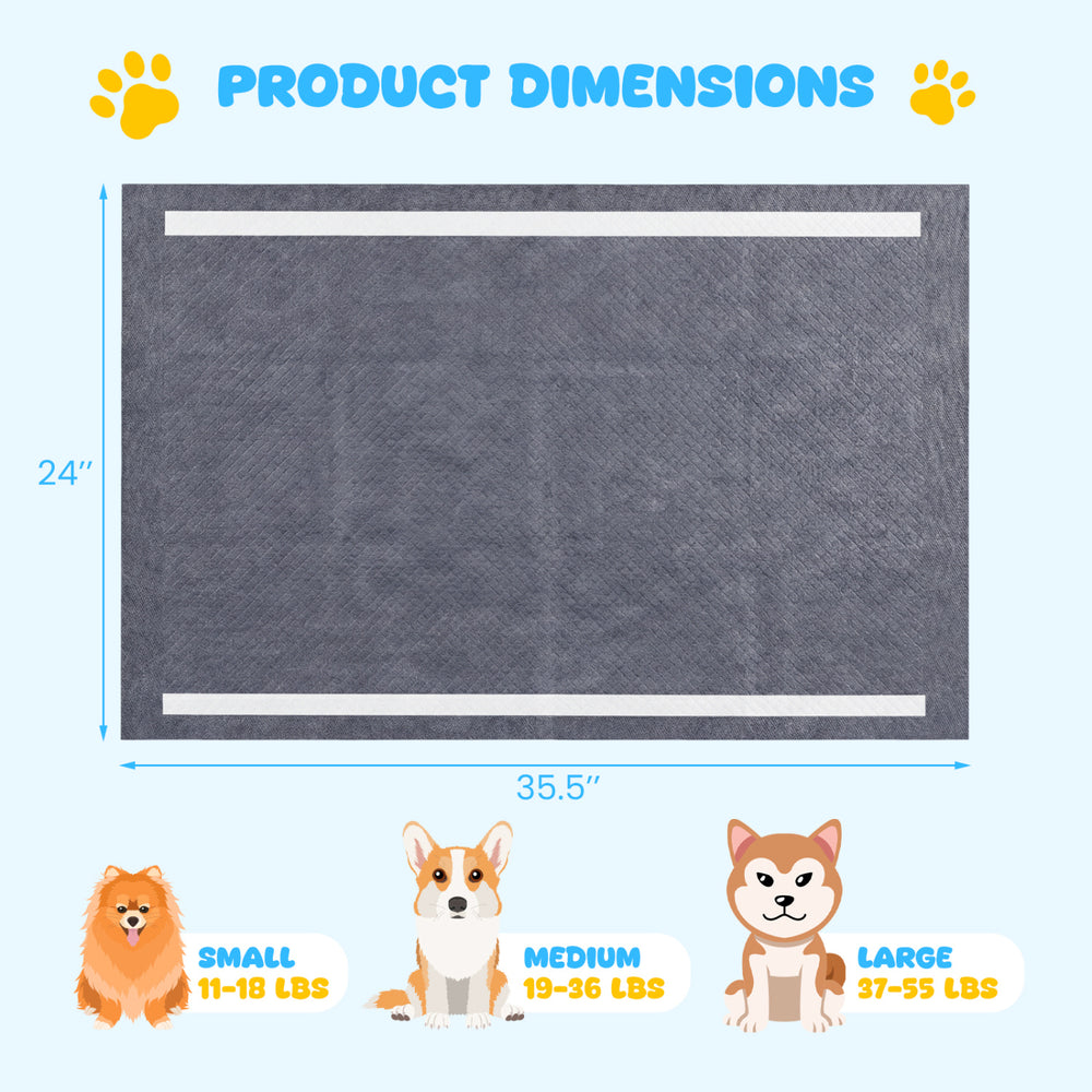 Charcoal dog pee pads measuring 35.5" x 24" with 6-layer construction for effective leak prevention and absorption.