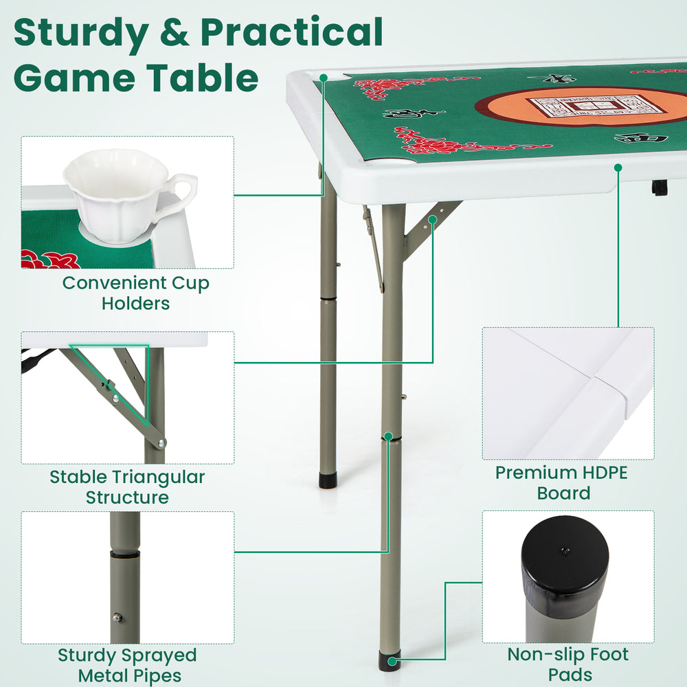 35-inch light green folding mahjong table with cup holders, sturdy metal frame, ideal for home or outdoor games.