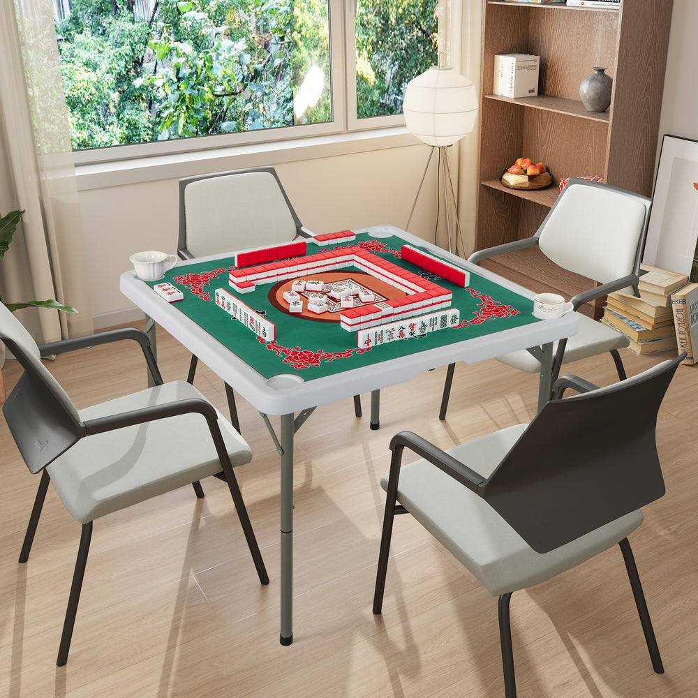 Folding 35-inch mahjong table with cup holders, smooth felt surface, and four player setup for home or outdoor use.