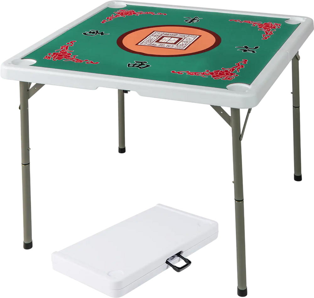 Folding 35-inch mahjong table with a light green felt surface, cup holders, and a compact design for easy storage.