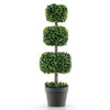 Artificial boxwood topiary ball tree with three tiers, cement-filled pot, and realistic green leaves for year-round.
