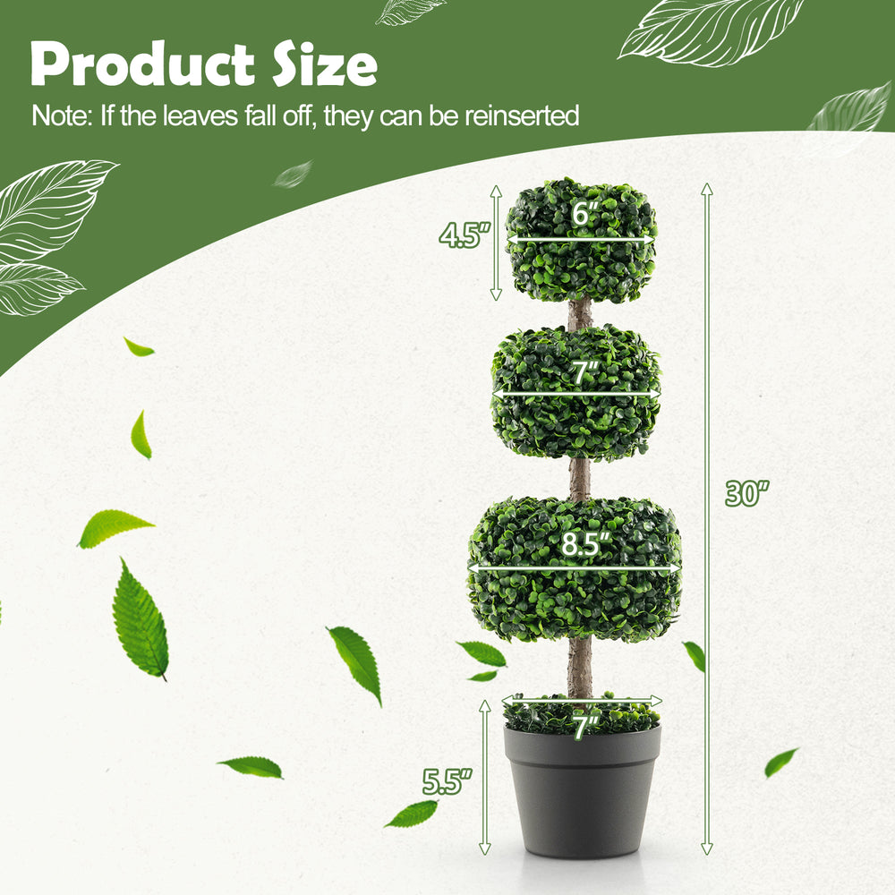 Artificial boxwood topiary ball tree, 35 inches tall with cement-filled pot, featuring lush green leaves for year-round.