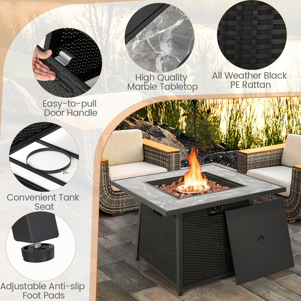 35-inch black propane gas fire pit table with wicker rattan, marble tabletop, and lava rocks for outdoor gatherings.