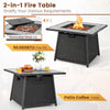 35-inch propane gas fire pit table in black wicker rattan with removable lid, perfect for outdoor dining and warmth.