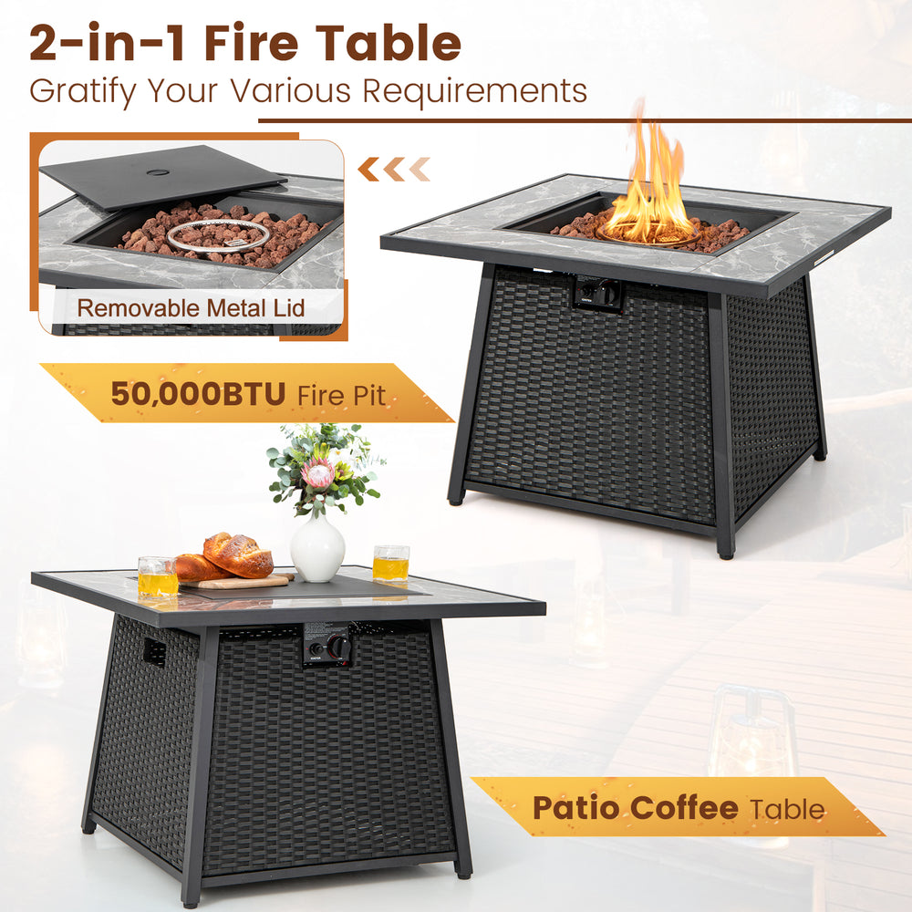35-inch propane gas fire pit table in black wicker rattan with removable lid, perfect for outdoor dining and warmth.