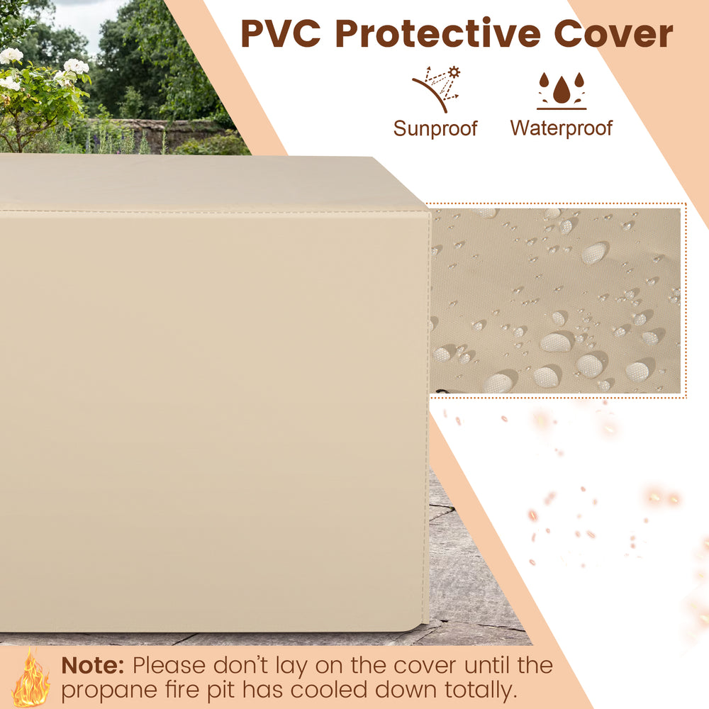 Beige PVC protective cover for 35-inch propane gas fire pit table, sunproof and waterproof for outdoor use.
