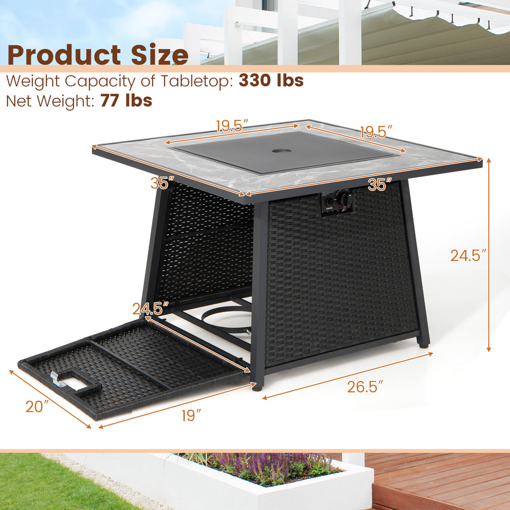 35-inch propane gas fire pit table in black wicker rattan with adjustable flame, ideal for outdoor gatherings and.