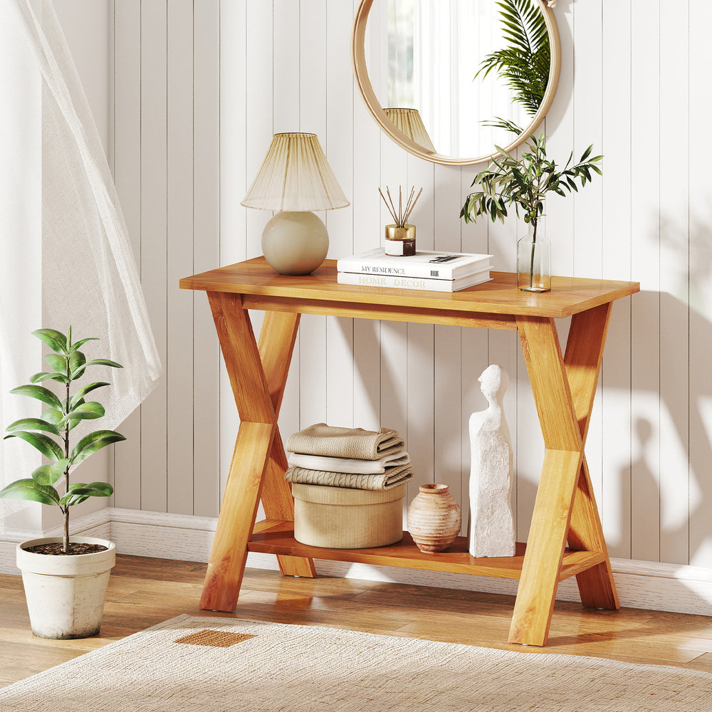 Solid teak wood console table with storage shelf, featuring a long tabletop and simple style for versatile home decor.
