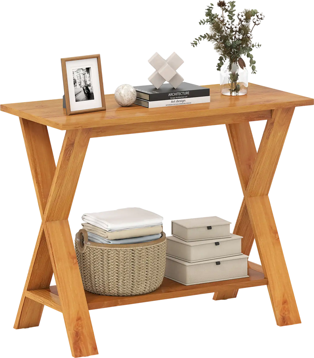 35 Inch Solid Teak Wood Console Table with Storage Shelf