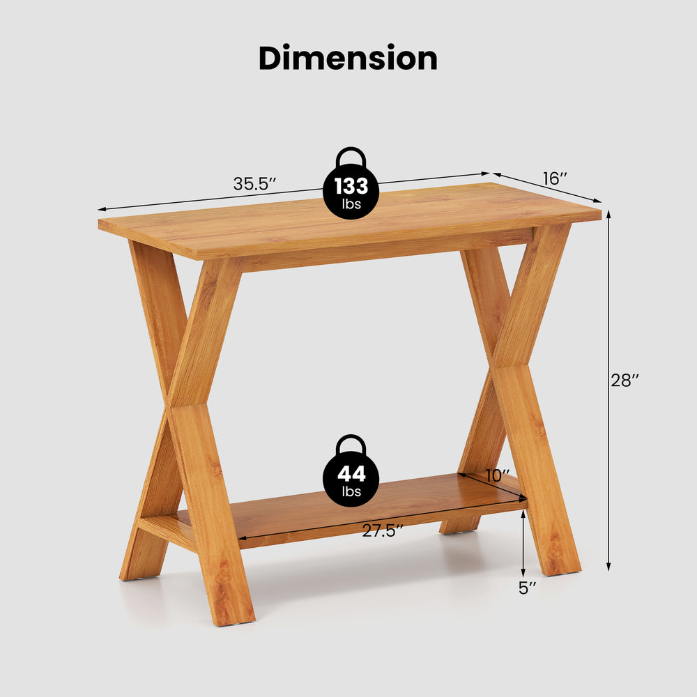 Teak wood console table with storage shelf, dimensions 35.5" x 16" x 28", ideal for living room or bathroom use.