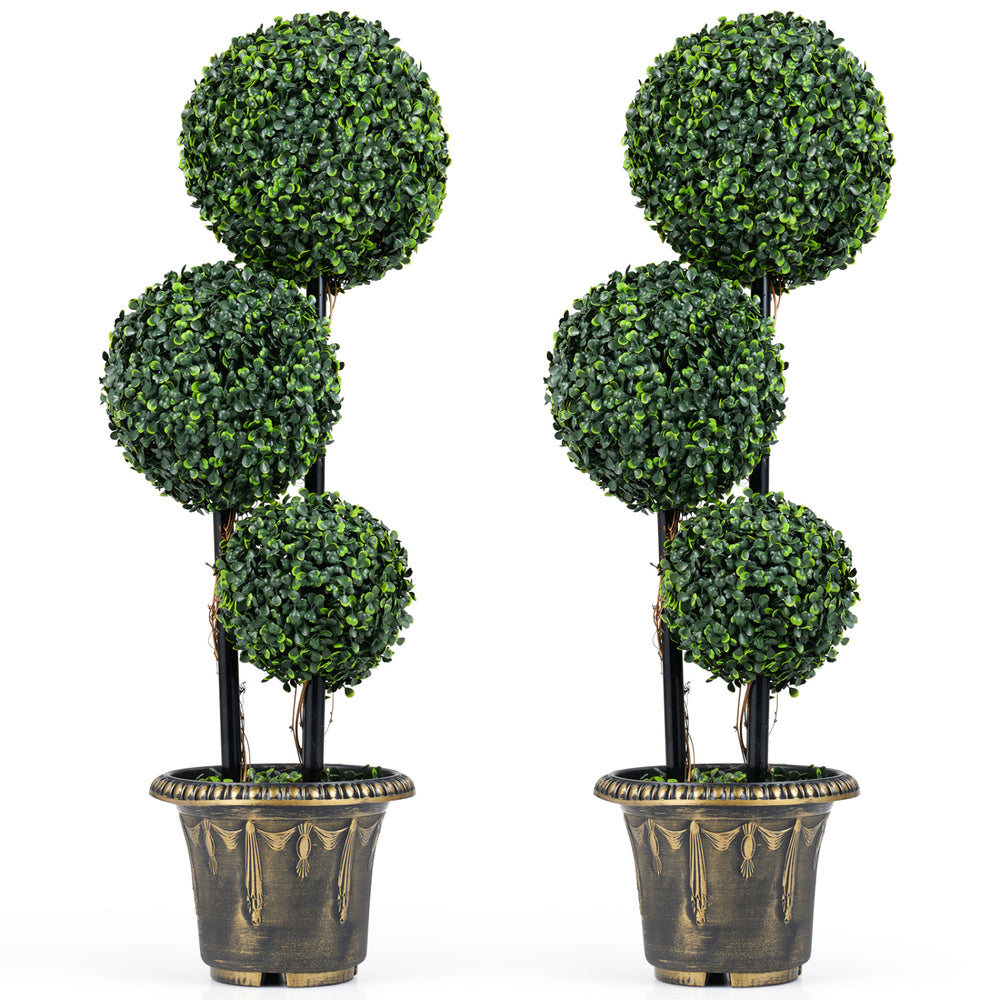 35 Inches Artificial Boxwood Topiary Tree Triple Ball Shrubs Set of 2 - Gallery View 1 of 1