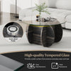 Round coffee table with tempered glass top and solid wood base, featuring anti-skid pads and a stylish tic-tac-toe.