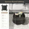 Spacious 35" round coffee table with tempered glass top, solid rubber wood base, and hidden compartment for storage.