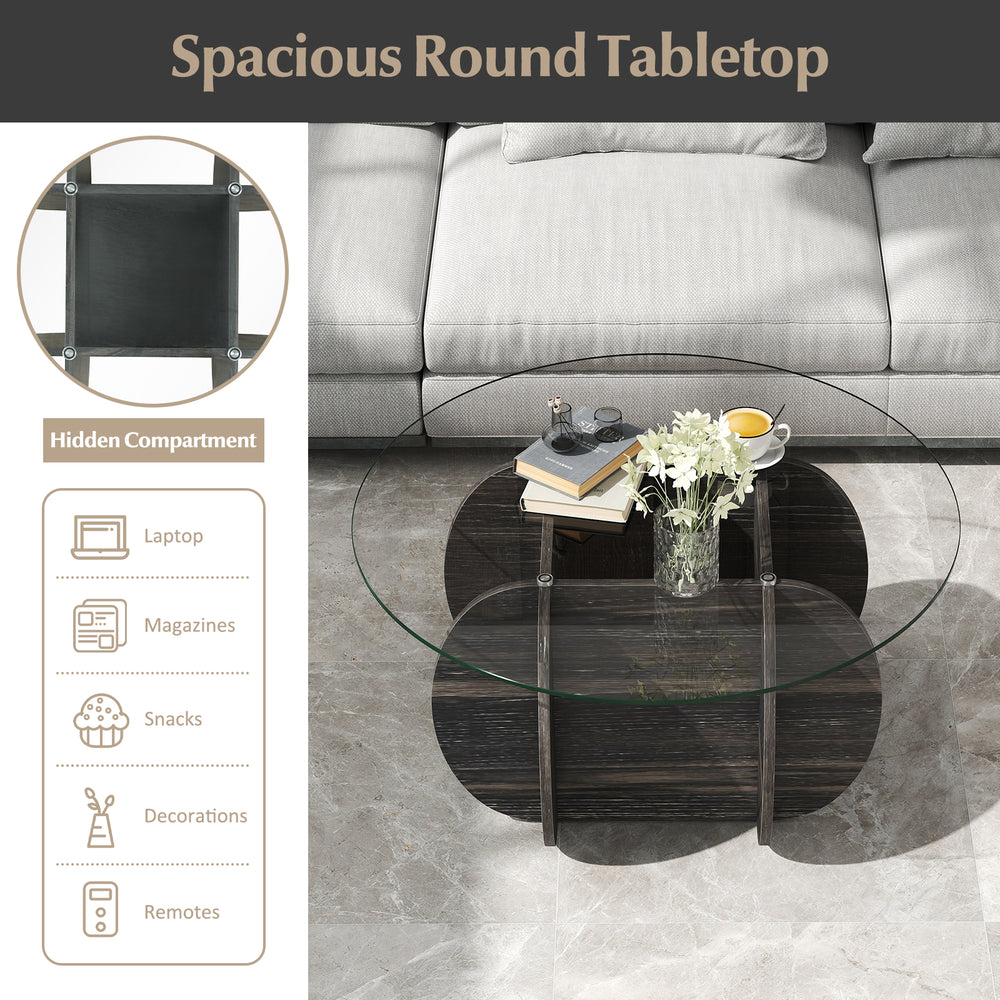 Spacious 35" round coffee table with tempered glass top, solid rubber wood base, and hidden compartment for storage.