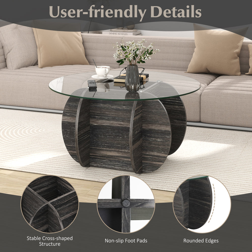 Round coffee table with tempered glass top and solid rubber wood base, featuring a stable cross-shaped structure and.
