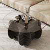 Round coffee table featuring a tempered glass top and solid rubber wood base, ideal for stylish living room decor.