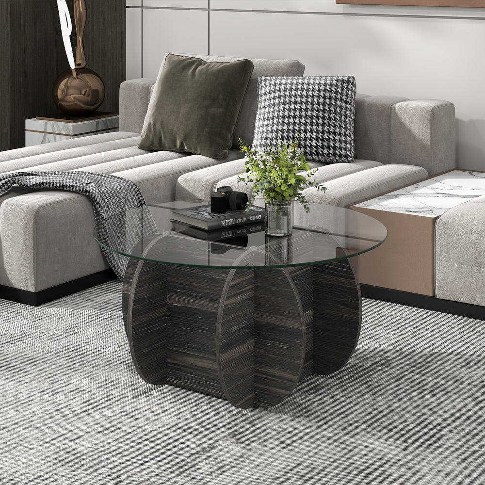 Round coffee table with tempered glass top and solid rubber wood base, featuring a tic-tac-toe patterned frame for.