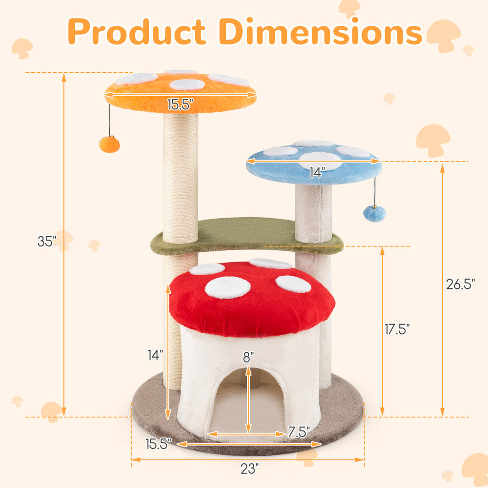 Colorful mushroom-shaped cat tower with padded platforms, sisal scratching posts, and playful dangling balls, 35 inches.