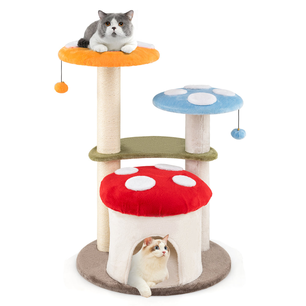 Multicolor 35-inch cat tower featuring padded platforms, sisal scratching posts, and playful mushroom design for cozy.