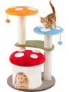 Colorful 35-inch tall cat tower with padded platforms, sisal scratching posts, and playful mushroom design for.