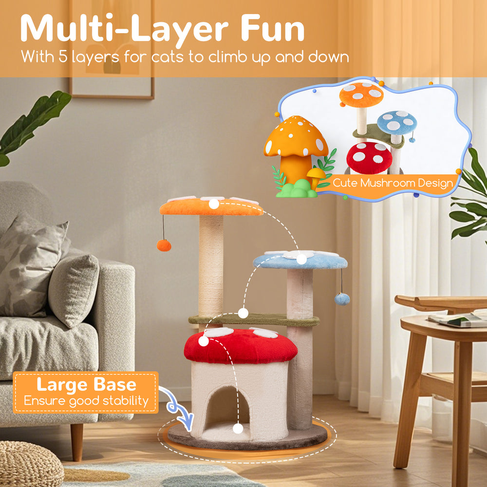 Multicolor 35-inch cat tower with padded platforms, sisal scratching posts, and playful mushroom design for interactive.