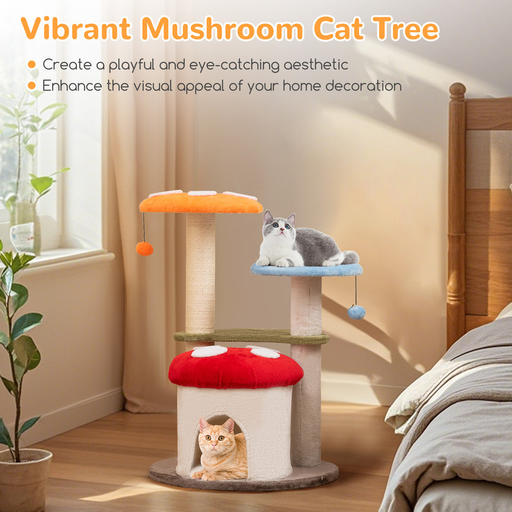 Vibrant mushroom cat tree with padded platforms and sisal scratching posts for playful lounging and napping.