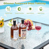 35 x 35 inch patio dining table with tempered glass top, umbrella hole, and rustproof metal frame for outdoor dining.