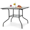 Square 35 x 35 inch patio dining table with tempered glass top, umbrella hole, and rustproof metal frame for outdoor.