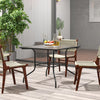 Patio dining table with a tempered glass top, 1.5-inch umbrella hole, and rustproof metal frame for outdoor use.