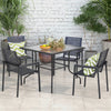 Patio dining table with a 1.5-inch umbrella hole, tempered glass top, and rustproof metal frame for outdoor use.