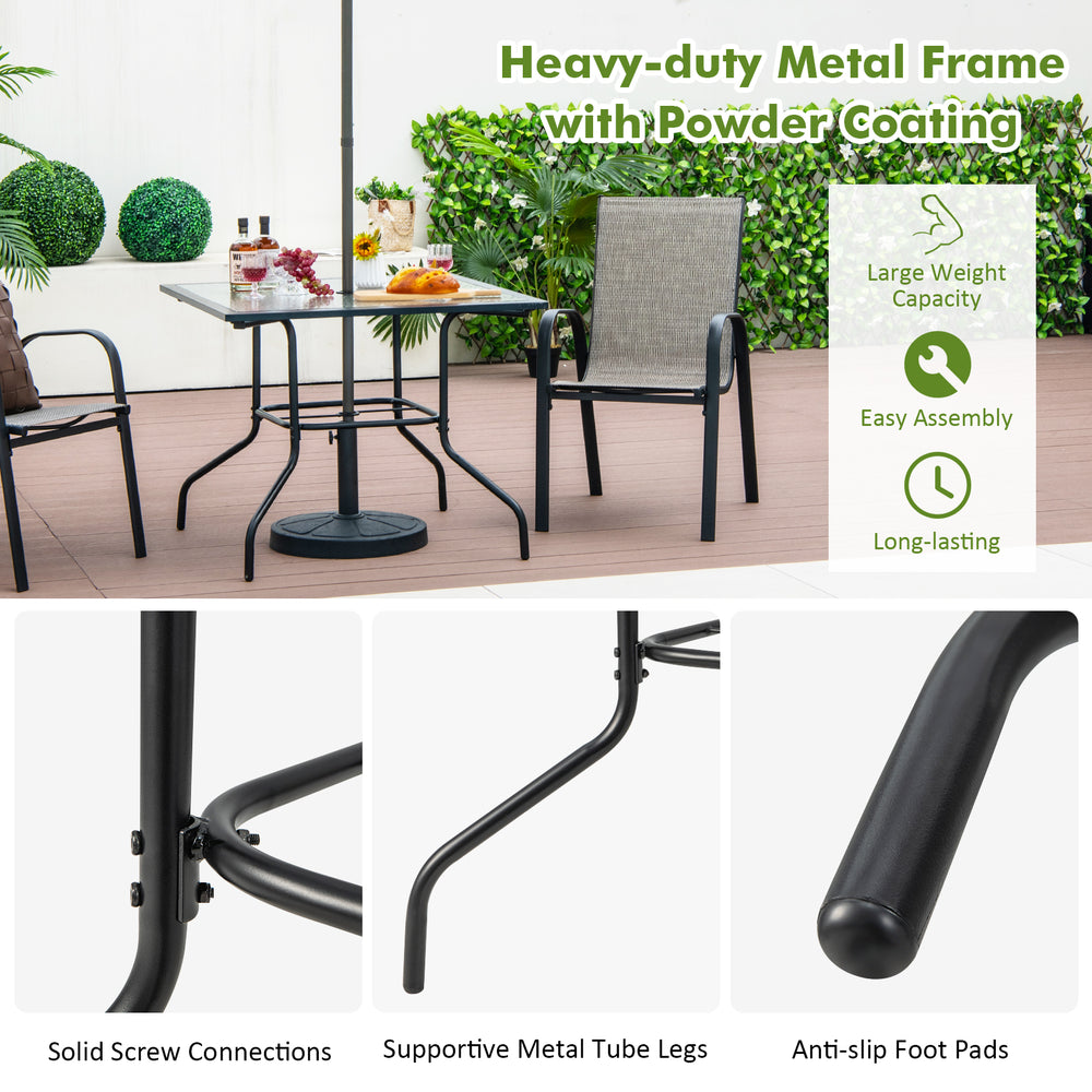 35 x 35 inch patio dining table with tempered glass top, umbrella hole, and rustproof metal frame for outdoor use.