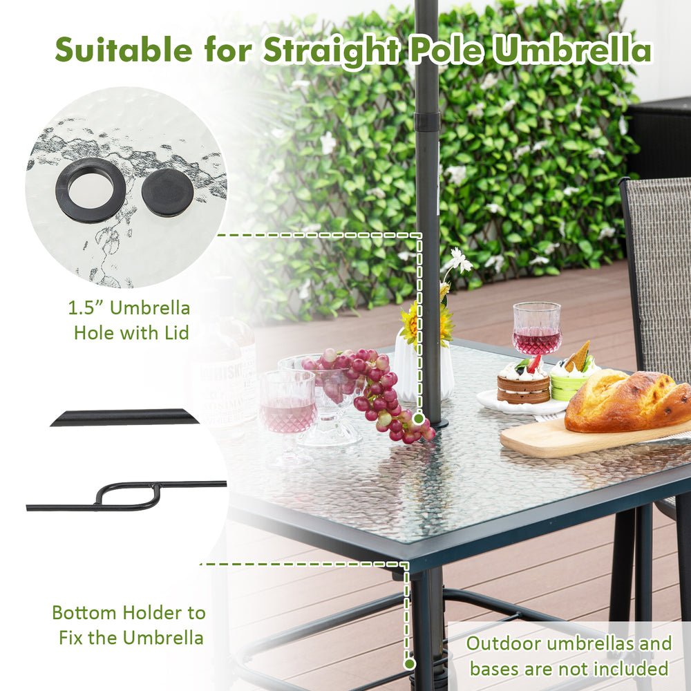 35 x 35 inch patio dining table with 1.5-inch umbrella hole, tempered glass top, and rustproof metal frame for outdoor.