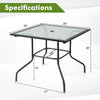 35 x 35 inch patio dining table with tempered glass top, rustproof metal frame, and umbrella hole for outdoor use.