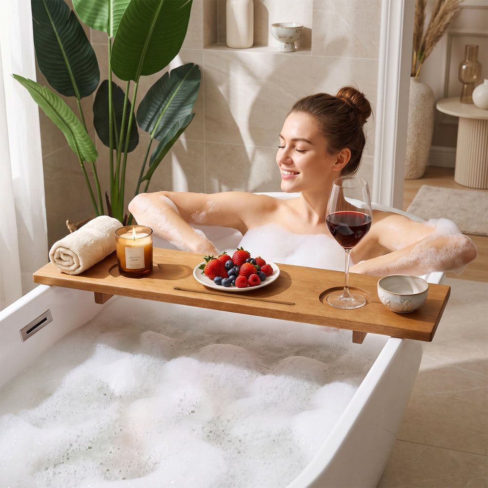 Wood bath tray with adjustable legs, two cup holders, and tablet slot for an elevated bathing experience.