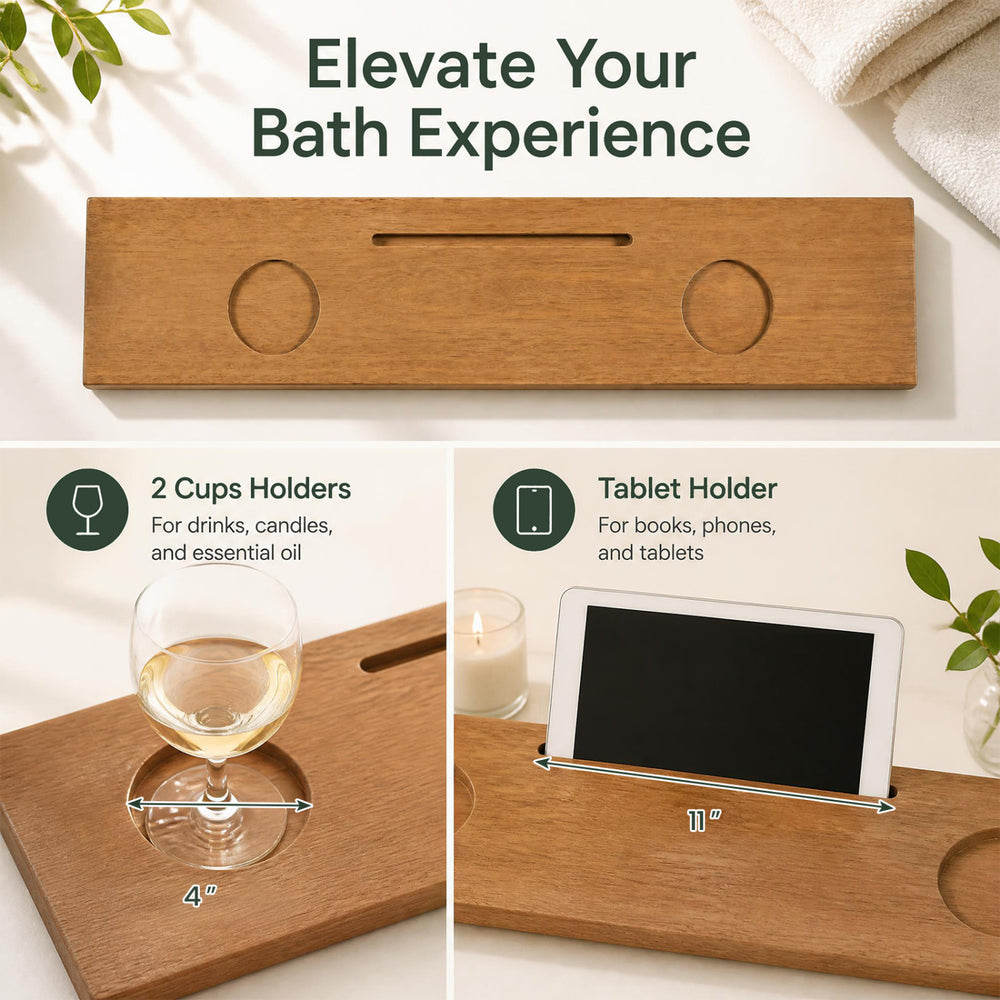 Wood bath tray measuring 35 x 8 inches with adjustable legs, two cup holders, and a tablet holder for enhanced relaxation.